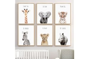 YOUIHOM 6 Poster Infantiles Animales Laminas Bebe Elefante Jirafa Cebra León Tigre Hipopótamo Frases Positivas Cuadro 21x30 Lienzo para Habitacion Niña Niños Regalo A4 sin Marco