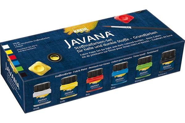 Kreul 90598 - Javana Peinture pour Tissu pour Tissus clairs et foncés, Set de Couleurs de Base, 6 x 20 ML de Peinture et Un Pinceau, Peinture Brillante à caractère pâteux