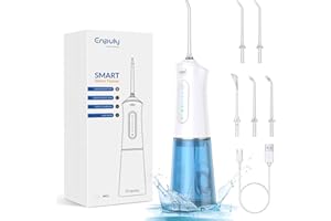 ENPULY Hydropulseur buccal sans fil 2023, 200 ml, hydropulseur d'eau 2000 mAh, durée d'utilisation 40 jours avec 4,5 heures de charge, douche dentaire avec 5 modes et 5 buses, blanc et bleu