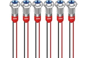 GUUZI 6pcs 8mm Indicatore LED 220-230V Indicatore Luminoso Impermeabile Pannello in Metallo Indicatore LED Indicatore Luminoso Montaggio a Pannello Testa Piatta con Fili Guscio Argento (Blu)