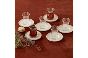 KARACA Retro Beige Tea Set for 6 People, Tea Service, 6 Turkish Tea Glasses with Saucers, 12 Pcs, Turkish Tea, Glass, Tea Plates