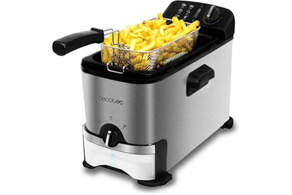 Cecotec Friteuse électrique CleanFry 3000. 2180 W, 3 L en Acier inoxydable avec filtre OilCleaner, Couvercle avec fenêtre pour contrôler la friture et filtre antiodeurs (3000 Pro Filter)