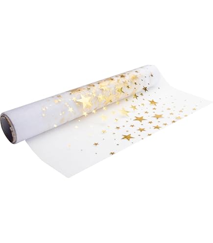 100% Mosel tafelloper met sterren in het zilver/metallic (28 cm x 5 m), organza-stof, elegante tafeldecoratie voor Kerstmis en adventsperiode, feestelijke decoratie voor speciale gelegenheden