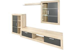 mattfy - Mueble de Salón Moderno con Leds, Módulos de Comedor, Modelo Gitta, Acabado en Cambria y Grafito, Medidas: 259 cm (Ancho) x 132,5 cm (Alto) 40 cm (Fondo)