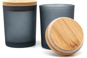 R FLORY Juego de 2 tarros de vidrio de 7 + 7 onzas, tarros de vela de vidrio grueso con tapas de bambú, soporte para botes de baño, almacenamiento de hisopos de algodón (gris esmerilado)