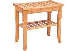 RELAX4LIFE Bathroom Stool, Bamboo Shower Bench Seat with Storage Shelf, Waterproof Bath Organizer Stool Living Room Bedroom Garden