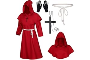 XCMVCN Mönch Robe Mittelalter Renaissance Robe, Herren Kapuze Mönch Robe Priester Kostüm, mit Kreuz-Halskette, Handschuhe und Kordel,Halloween, Karneval und Rollenspiel Kostüme