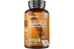 WeightWorld ekologiska gurkmejakapslar Gurkmeja med ingefära & svartpeppar | Totalt 505 mg per kapsel – Räcker i 1 år – 365 gurkmejakapslar – Ekologiskt certifierad – Vegansk och laktosfri