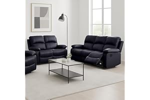 Bravich Luxury Black Bonded Leather Manual Recliner Sofa - Living Room Furniture, Lounge Chair Sofa Set for Ultimate Comfort & Elegance. 2+3 Seater Sofa for Home