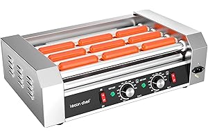 Lecon Chef Hot Dog Machine - Barbecue elettrico, 7 rotoli, in acciaio inox, 1200 Watt, con vassoio di raccolta, luci a LED e temperatura di 50-250 °C