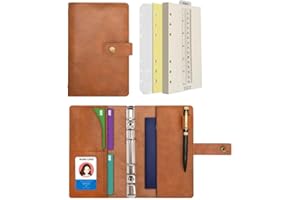 Wonderpool Carpetas Diario de cuero Cuaderno recargable Diario en espiral - Papel de cuadrícula de puntos y bolsillos interiores de cuero real para viajes escolares Trabajo (Marrón, A6)