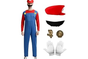 Antsparty Super Klempner Kostüm für Erwachsene, Bros Cosplay Kostüm mit Hut Bart Handschuhe, Herren Damen Klempner Kostüm Faschingskostüm für Karneval Halloween Cosplay