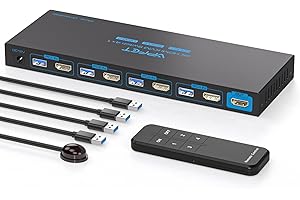 AILVLVNG Conmutador KVM HDMI 4 PC 1 monitores 4K @ 60Hz 4 puertos KVM Switches 4 ordenadores comparten un monitor y 4 dispositivos USB 3.0 como teclado, ratón impresora con 4 cables USB 3.0 y mini controlador