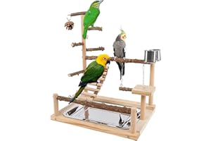 PORFOYO Parco Giochi per Pappagalli, Trespolo Per Pappagalli con Tazze E Vassoio, Supporto per Uccelli in Legno, Parco Giochi in Legno per Parrocchetti, Pappagallini Ondulati, 37 x 26 x 37 cm