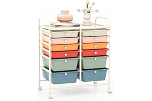 GOPLUS Rollwagen Schubladenwagen, Rollcontainer mit 12 stapelbaren Schubladen, Haushaltwagen auf Rollen mit Bremsen, Badtrolley Badregal, Aufbewahrungswagen für Heim und Büro (Macaron bunt)