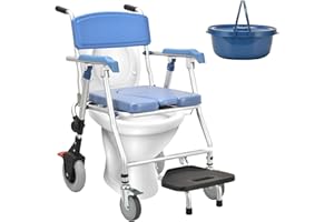 ‎VFDZ Toilettenstuhl für Senioren mit Rollen, Multifunktionaler Duschstuhl mit Rollen Klappbar, Blau Dusch Toilettenstuhl Fahrbar mit Urineimer, Toilettenrollstuhl für Ältere und Behinderte Komfort