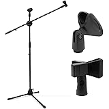 Microphone Stand, Ohuhu Tripod Mic Stand Boom with Mic Clips, Height Adjustable, Light Weight, Black