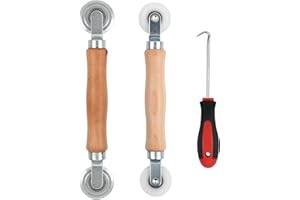 Rundago 3 Pieces Tool Retractor, 2*Double Wheel Piping Roller Sealing Roller with Wooden Handle with Nylon Wheels and Metal Rollers, 1*Rubber Strip Hook for Window Grille Installation Tool