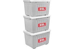 Cetomo 35L*3 Storage Boxes with Wheels, Plastic Storage Box with Lid, Latching Buckles, Click Closure, Stackable, Nesting, Durable Organizer for Home Office Clothes, Gray, 35L-3 Pack