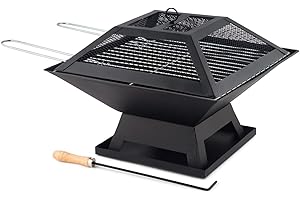 Evokk Square Fire Pit with BBQ Grill Heater Outdoor Garden Black Barbeque Metal Brazier Patio Decor Firepit Stove Portable Heat Mesh Cover for Camping or Picnics