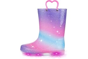 EUXTERPA Girls Boys Wellies for Kids Flashing Welly, Light Up Glitter Waterproof Wellingtons Boots with Easy on Handle Children Rainboots Size 4-13 UK Child