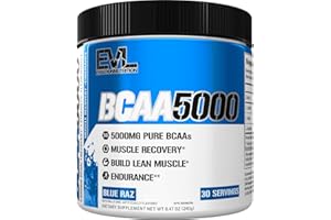 Evlution Nutrition BCAA5000 Powder 5 Grams of Branched Chain Amino Acids (BCAAs) Essential for Performance, Recovery, Endurance, Muscle Building, Keto Friendly, Zero Sugar, 30 Servings (Blue Raz)