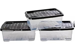 Pluto Packaging Pack Of 5 Underbed 30 Litre Clear Stackable Nestable Home Office Transparent Containers With Black Lids