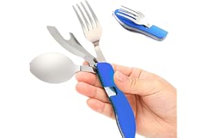 SENVENELEC Senven 4 en 1 vaisselle de camping matériel de camping mis en acier inoxydable fourchette cuillère ensemble ouvre-bouteille camping couverts/voyage/survie - pliable détachable - Bleu