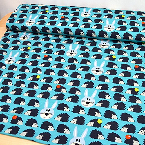 Jersey-Stoff „Igel und Hase“ bunt / Kinder-Baumwoll-Jersey / Beste Öko-Tex Qualität / Meterware ab 50cm / FX-3-2 (01. Türkis) - 3