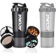 ACUNA Protein Shaker Bottle 600ml (PACK OF 2), 3 Layer Supplement & Pills Storage Cup- Secure Leakproof Protein Shake Mixer Bottle- Gym Supplement Shaker Bottle (Black - Grey)