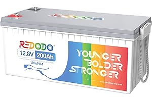 LiFePO4 200Ah, Redodo Lithium Battery 12V, Integrated 100A BMS, 4000~15000 Cycles Max. 1280W Output Power Rechargeable LiFePO4 Battery for Motorhomes, Camping, Electronic Motors, Marine