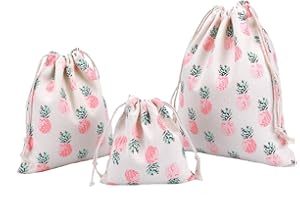 Amoyie 3 pz Sacchetto Coulisse Cotone, Sacca Asilo Tessuto, Piccolo Borsa per giocattoli/vestiti/scarpe, Sacchetti da Viaggio, Set Organizer per Valigia Bambini, Ananas beige