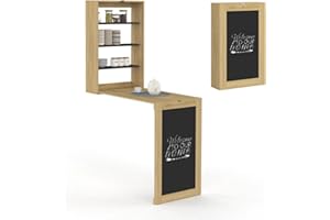 IDMarket - Table Murale Pliable MACCHIA avec étagères et Tableau Craie 2 Personnes Bois et Noir