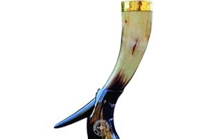 THE ANTIQUE HOUSE Corne à boire Viking en corne de bœuf avec support en corne et bord en laiton Cadeau de Noël/anniversaire/fête des pères