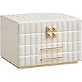 SONGMICS HOME ANAH Collection - 3-Tier Jewellery Box with Mirror, Jewellery Organiser with 2 Drawers, PU Surface with Stitching, Floating Effect, 21.5 x 24 x 15.8 cm, Gift Idea, Cloud White JBC183W01