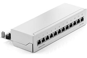 deleyCON CAT6a Patch Panel El Panel de Corrección 12 Puertos Escritorio y Montaje en Pared - Blindado - Enchufe 12x RJ45 - TIA568A TIA568B - Gris Claro