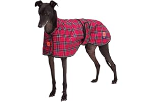 Ginger Ted Waterproof Greyhound Whippet Lurcher Dog Coat - size 22"/56cm Red Tartan - for sighthounds & narrow build dogs, warm fleecy lining, reflective piping, jacket raincoat style