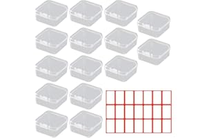 TIANNAIT Pack of 15 transparent plastic box with 1 sheet of label stickers, mini storage box for small items, storage containers with hinged lid, stackable sorting box, for storing beads,4,5*4,5*2 cm