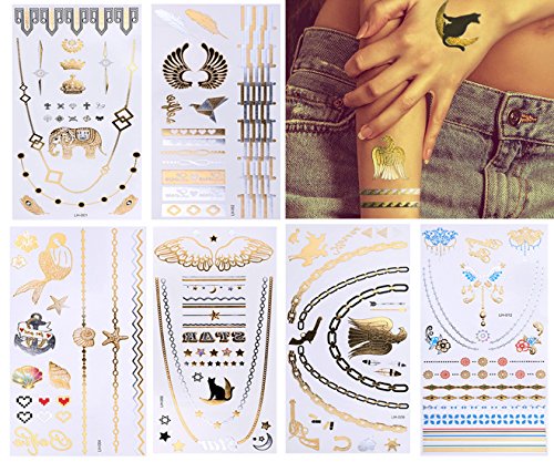 TAFLY Necklace Floral Multi Design Arm Assortment Metallic Transfer Temporary Tattoos Gold Silver Body Jewerly Stickers 6 Sheets