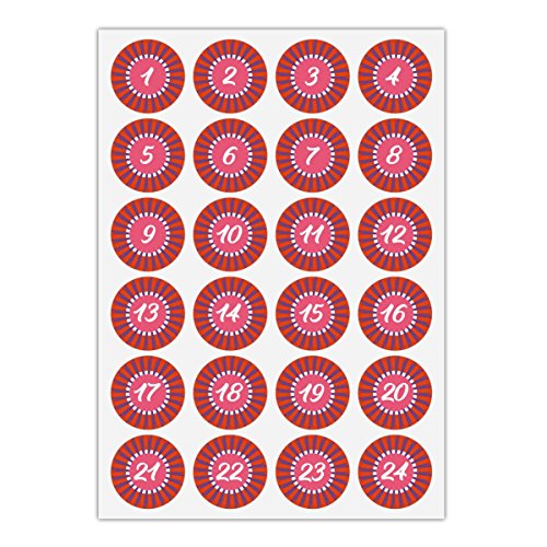 Download 5 x 24 chics autocollants du calendrier de l'Avent avec les nombres 1 - 24 sur une couronne des rayons, orange rose, MAT étiquette adhésive en papier, labels, vignettes, stickers pour faire des calendriers de l'Avent, décorer des cadeaux de Noel, décoration du table, des paquets, lettres etc. (ø 45mm; 5 x 24 nombres) Download 5 x 24 chics autocollants du calendrier de l'Avent avec les nombres 1 - 24 sur une couronne des rayons, orange rose, MAT étiquette adhésive en papier, labels, vignettes, stickers pour faire des calendriers de l'Avent, décorer des cadeaux de Noel, décoration du table, des paquets, lettres etc. (ø 45mm; 5 x 24 nombres)