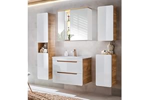 Lomadox Komplett Badmöbel Set mit Waschtischunterschrank und 81 cm Keramik Waschtisch, Hochglanz weiß mit Wotan Eiche Nb., Hochschrank, Hängeschrank, Unterschrank und LED-Spiegelschrank