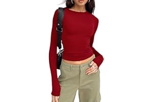 YILEEGOO Women's Slim Fit Crop Tops Casual Solid Color Crew Neck Long Sleeve Tight T-Shirt Basic Blouse Tee Tops