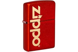 Zippo Encendedor a Prueba de Viento - Modelo Logo con Acabado Rojo Metálico y Grabado Láser - Recargable - Reutilizable - Diseño a Prueba de Viento - Caja de Regalo - Hecho en EEUU