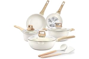 GiPP Set di pentole e padelle antiaderenti - 10 pezzi di pentole da cucina in granito bianco Set di pentole antiaderenti a induzione con padelle, casseruole, senza PFOS e PFOA (bianco, 10Pcs-A)