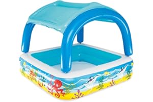 BESTWAY 52192 - Piscina Hinchable Infantil con Parasol Canopy 147x147x122 cm Multicolor con Animales Marinos 265 Litros Para Niños y Niñas Mayores de 2 Años