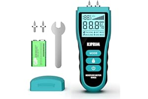 Kiprim Feuchtigkeitsmessgerät mit Stiften für Holz, Wand, Beton, Karton – Digitales Holzfeuchtemessgerät mit LCD, Temperaturanzeige (°C/°F), Hold-Funktion, 4 Modi, Ersatzsonden WM02