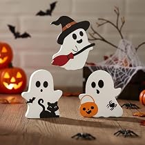 5 Plaques De Table Fantômes Halloween En Bois - Décoration Sorcière, Citrouille, Chat, Pour Fête