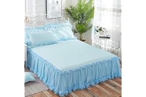 KJHG Bettvolant Bettrock Tagesdecke Ruffle Bettüberwurf Spitze Rüschen Bett Rock 3PCS Sets Bettwäsche Prinzessinnen-Stil,Blue-200X220CM