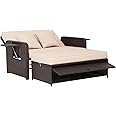 RELAX4LIFE 2 IN 1 Patio Rattan Daybed, 4-Level Adjustable Wicker Sun Lounger with Retractable Tray, Storage Ottoman & Cushion, Outdoor Double Sofa Bed Garden Furniture Set (Beige+Mix Brown)