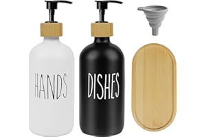 HOLAHOLA Dispenser Sapone Cucina Dispenser Sapone Bagno, Dosatore Sapone Vetro Dispenser Sapone Nero+Bianco, Dispenser Detersivo Piatti 500 ml con Vassoio, Imbuto, Adesivi, 2pz